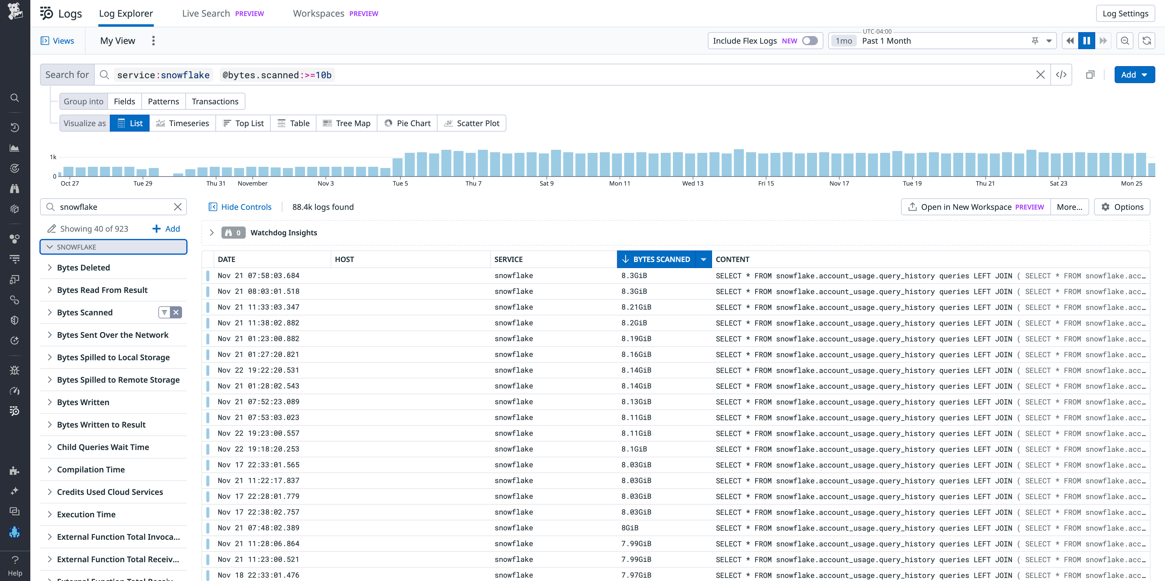 The log explorer enables you to filter queries by facet.