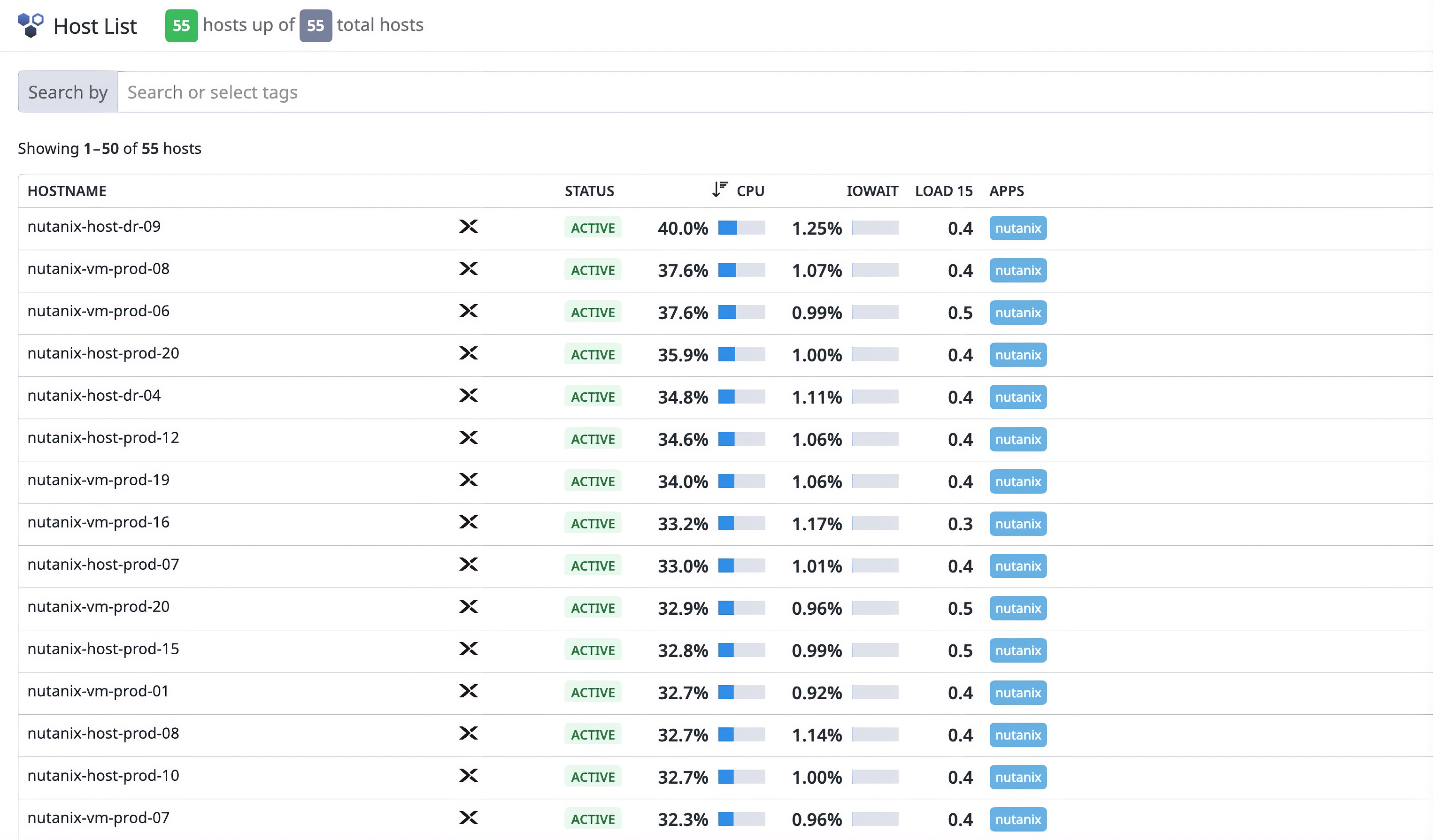 Host List view in Datadog that shows a list of Nutanix hosts.