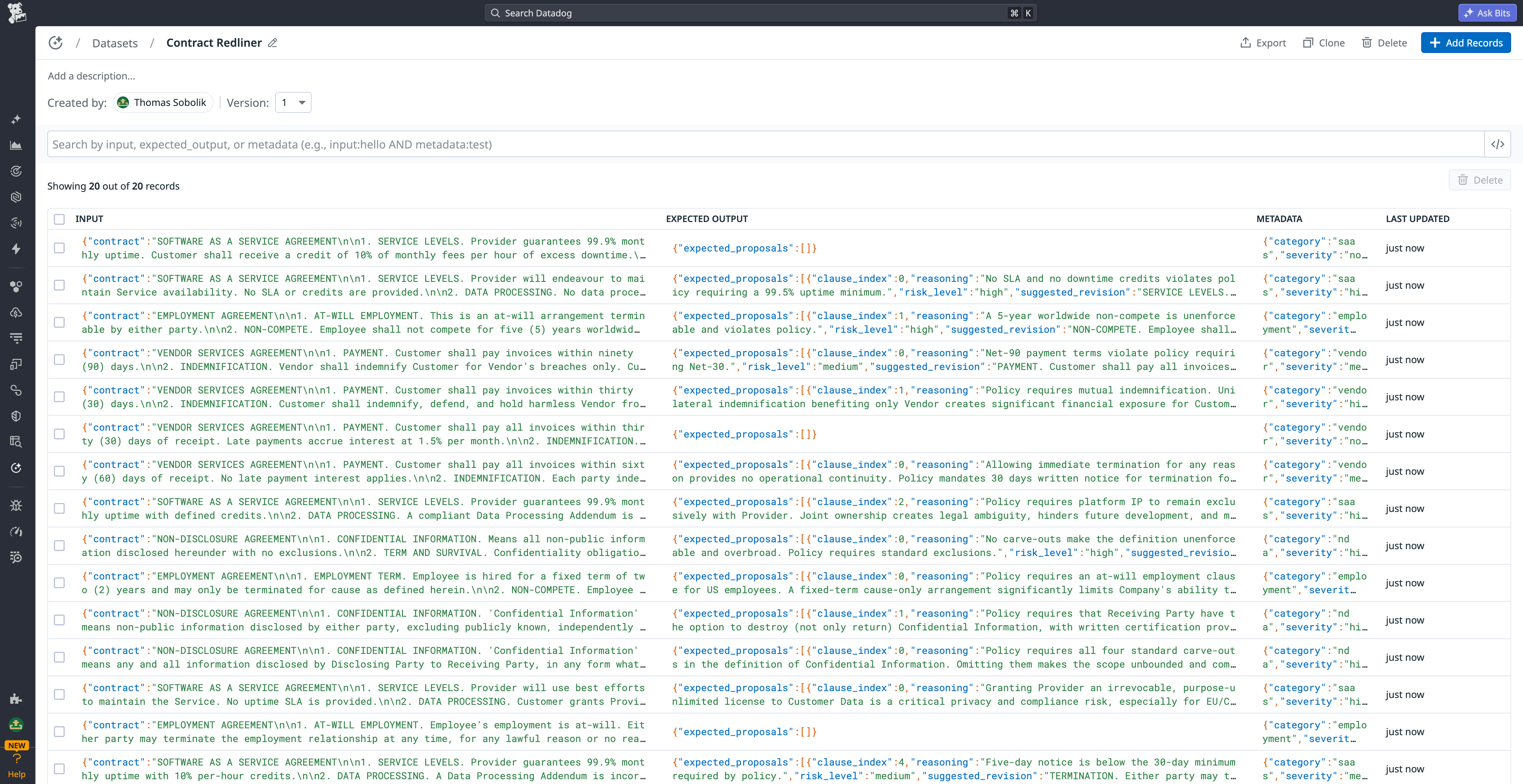Annotated agent experiment input and output data.