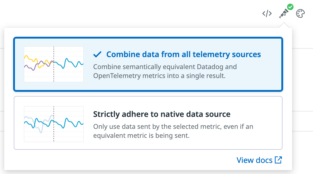 Semantic Mode selector for OTel or Datadog-native data.