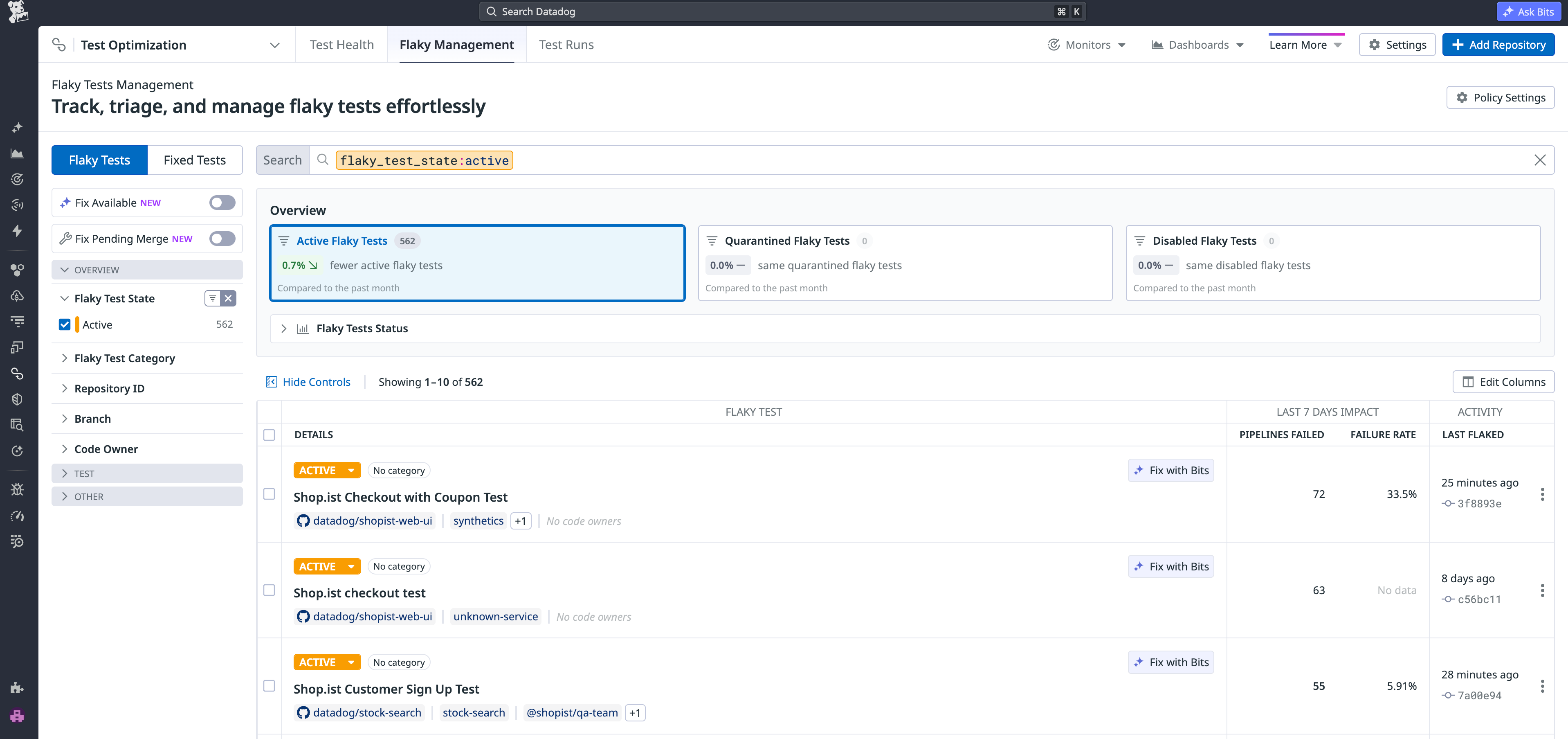 Datadog Test Optimization identifies over 550 active flaky tests. It includes each test’s pipeline failure count, failure percentage rate, and the time it last flaked.