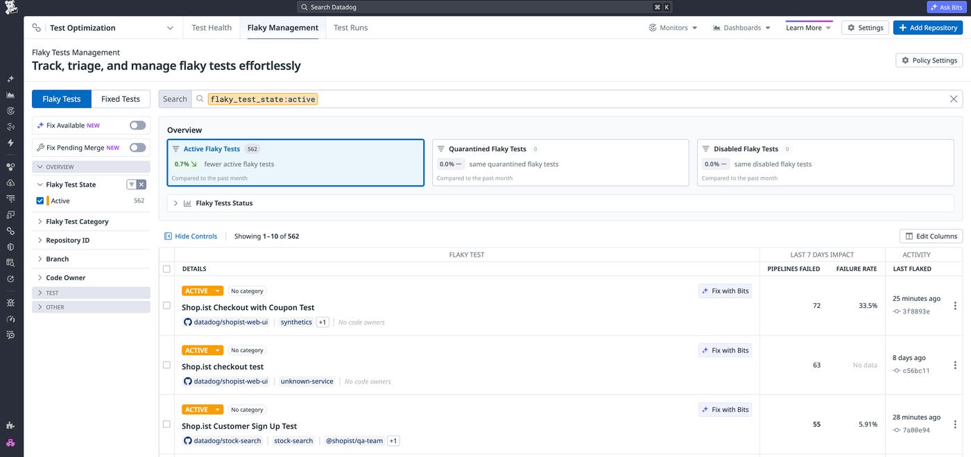 Datadog Test Optimization identifies over 550 active flaky tests. It includes each test’s pipeline failure count, failure percentage rate, and the time it last flaked. Datadog Test Optimization identifies over 550 active flaky tests. It includes each test’s pipeline failure count, failure percentage rate, and the time it last flaked.