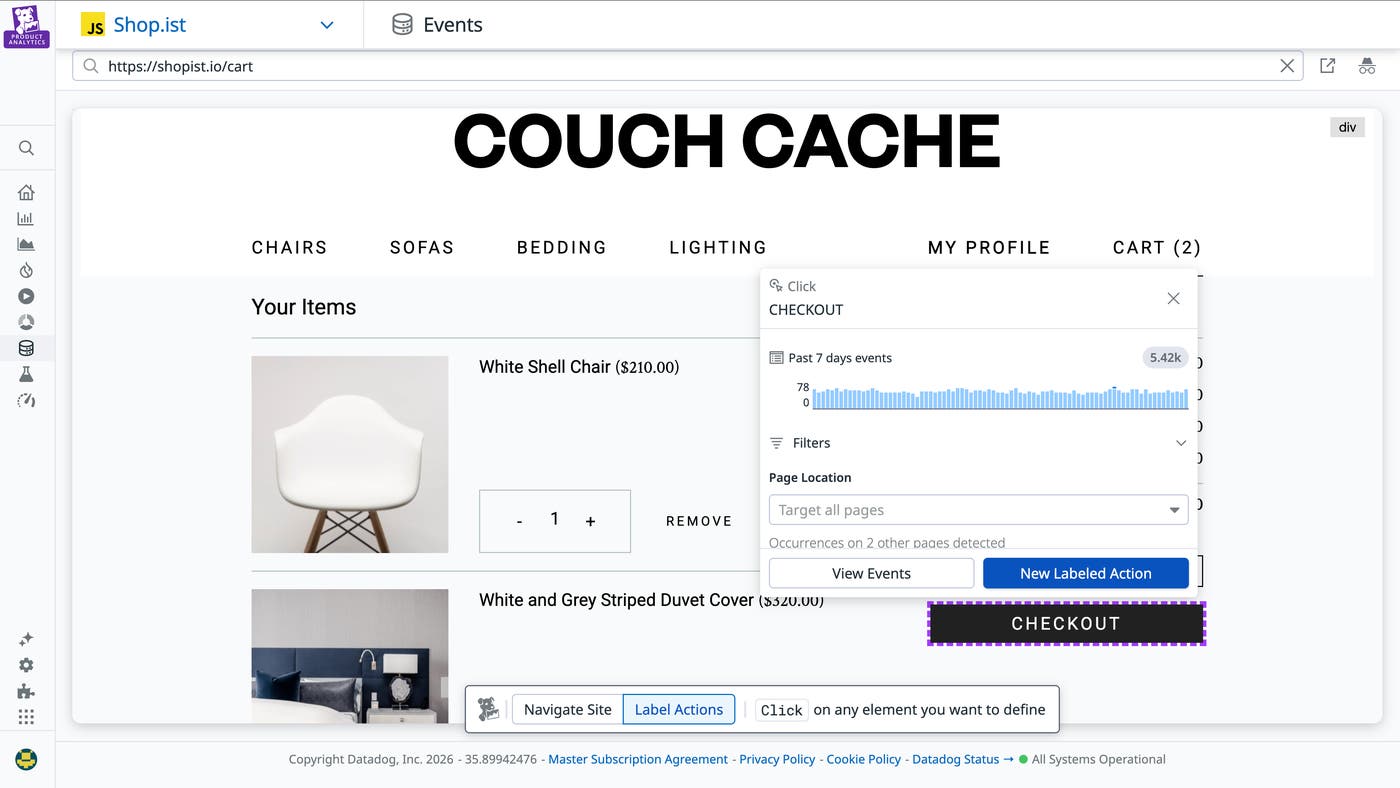 Label checkout click action on cart page in Datadog Product Analytics. Label checkout click action on cart page in Datadog Product Analytics.