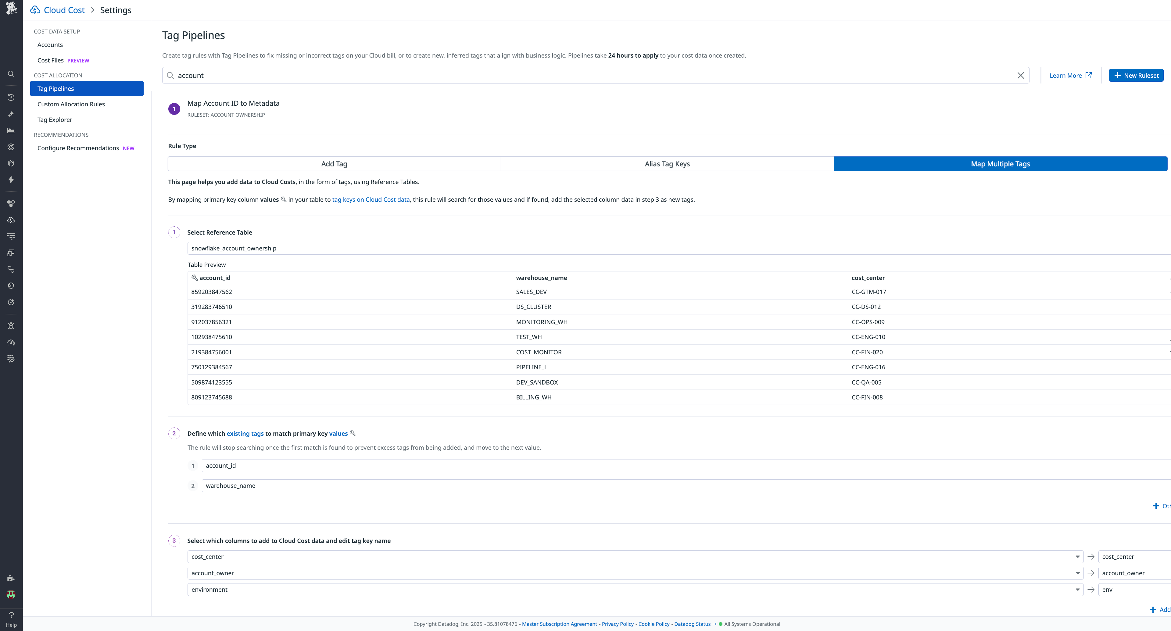 A screenshot showing the creation of a tag pipeline based on the Snowflake ownership Reference Table.