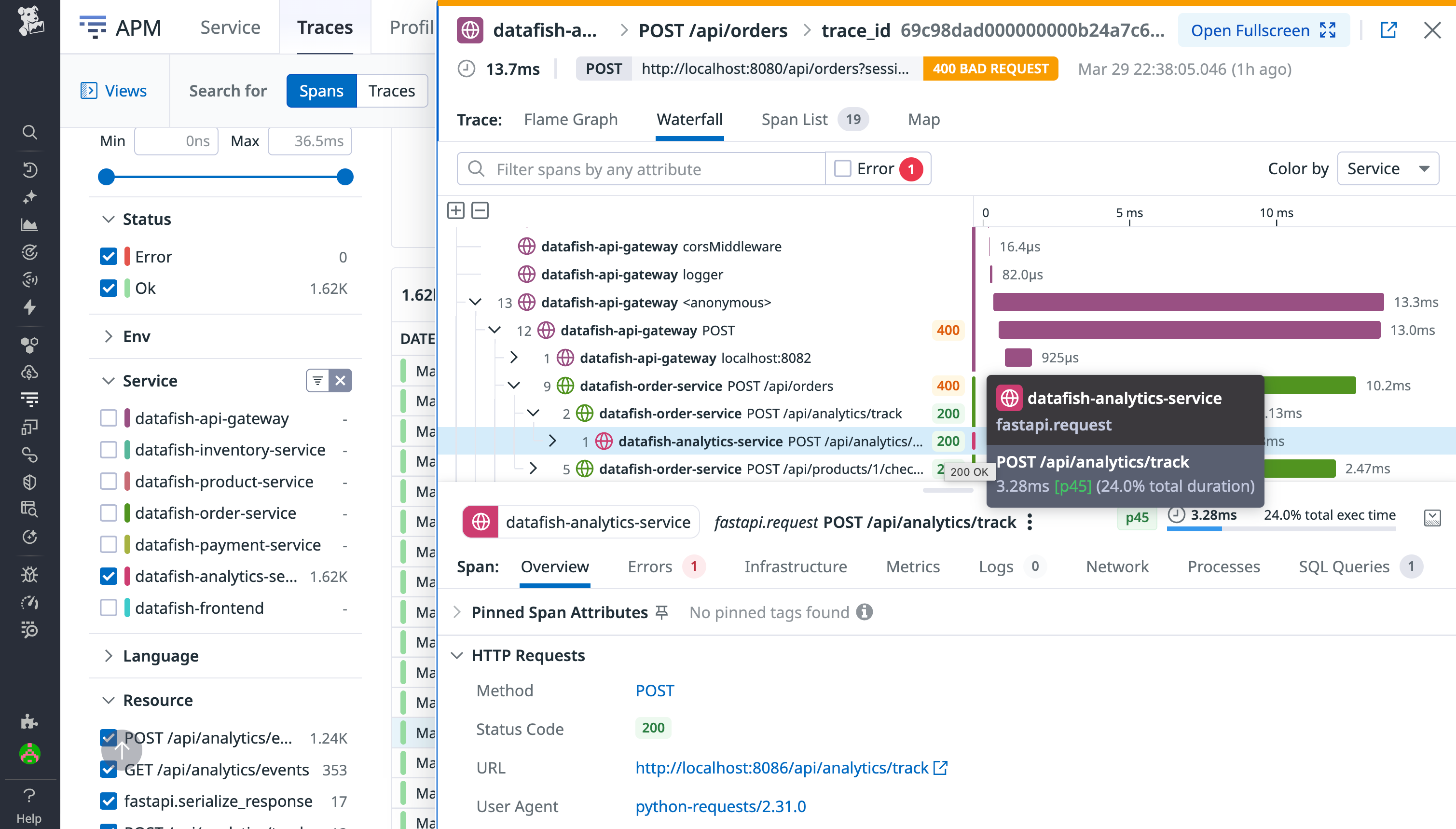 Datadog APM trace view that shows a distributed trace that includes spans from `datafish-analytics-service` before an instrumentation rule is applied.