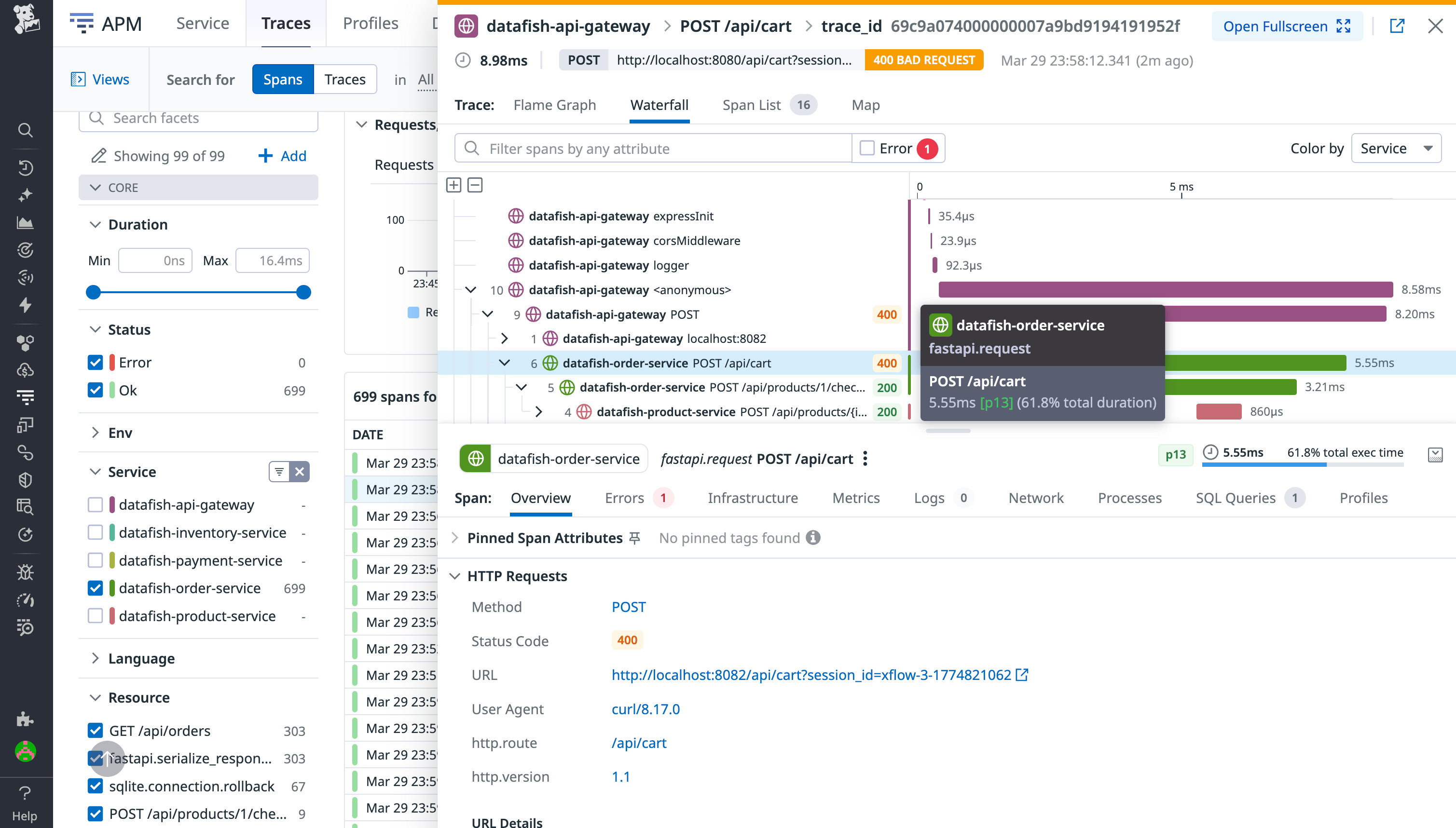 Datadog APM trace view showing a distributed trace with `datafish-analytics-service` excluded after an instrumentation rule is applied.