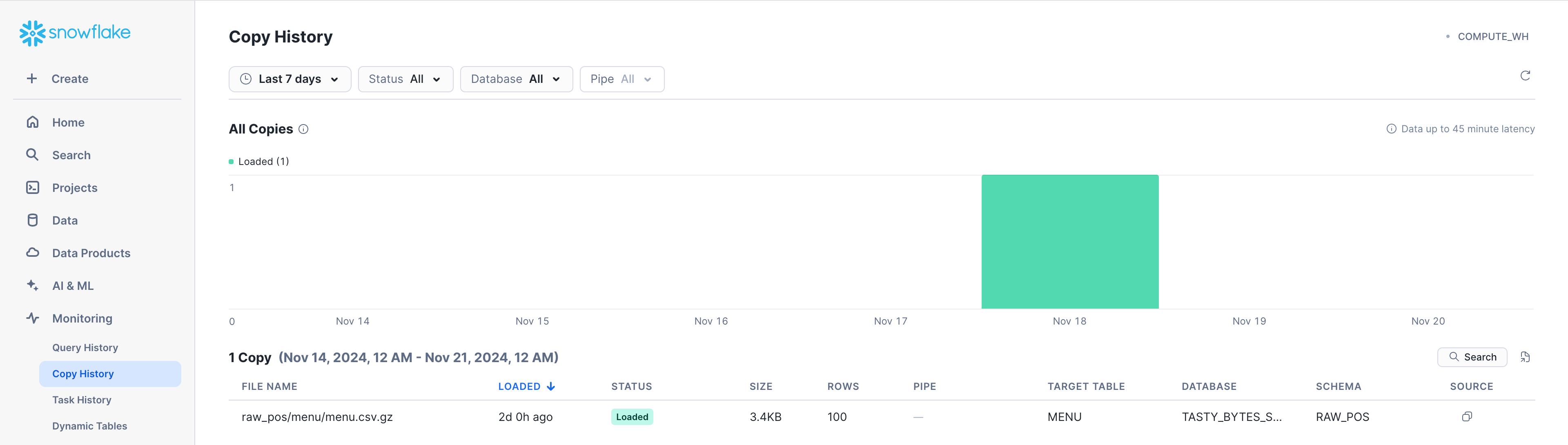 Snowsight's enables you to monitor data loading in the Copy History view.