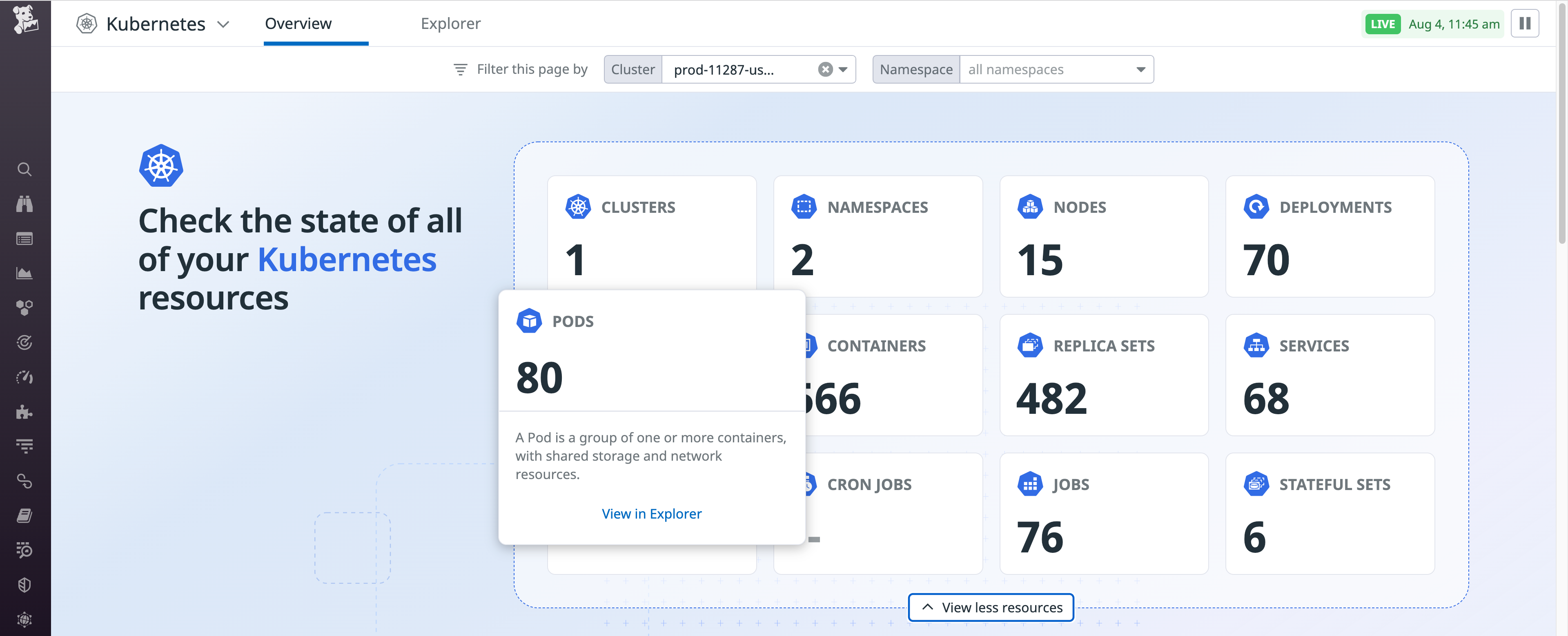 Hover over a tile to see more information on the Kubernetes resource