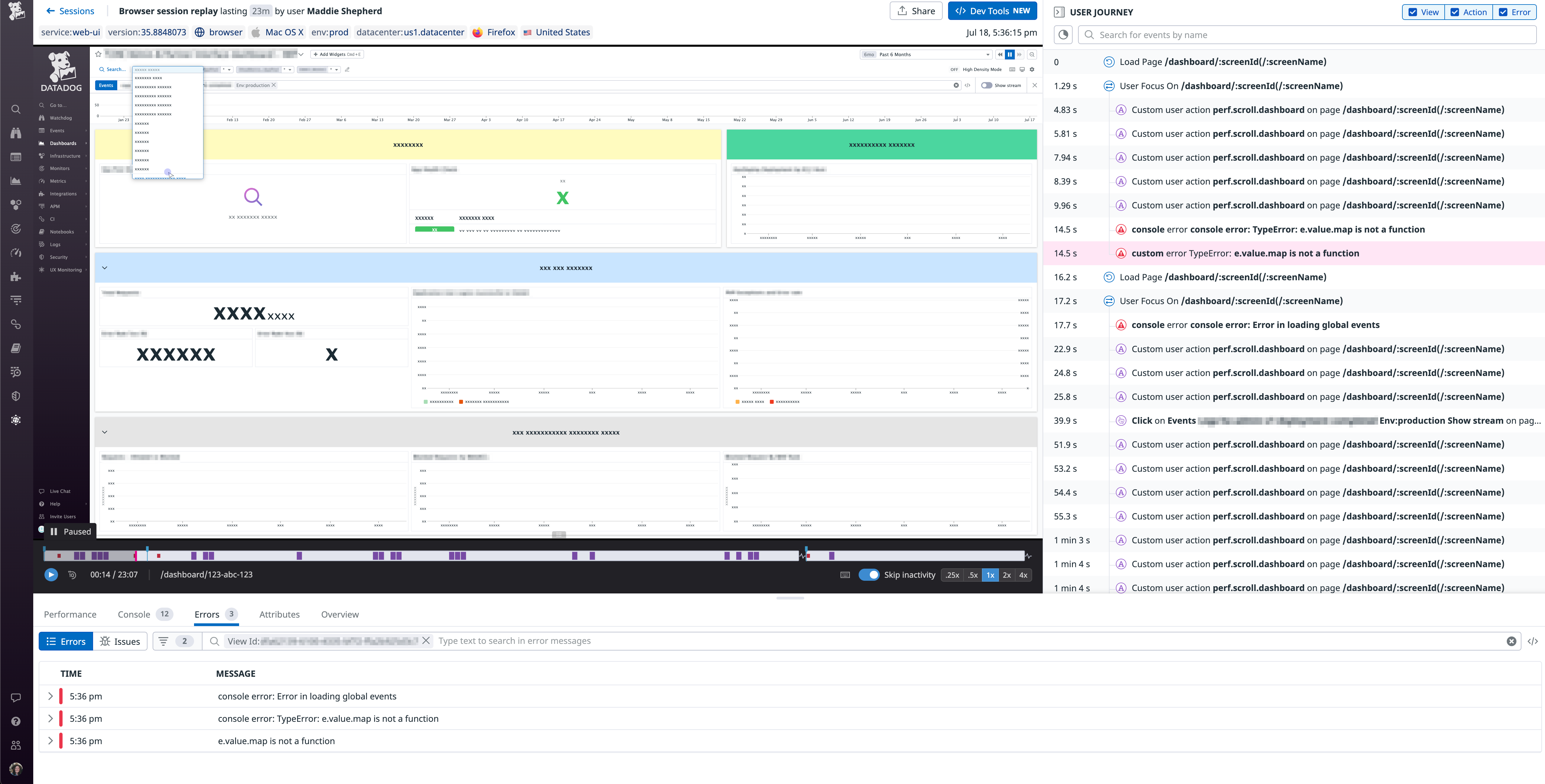 View of a user session with masked text