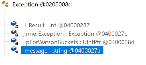 Screenshot of the internals of an exception, where the _message field is defined as a string.