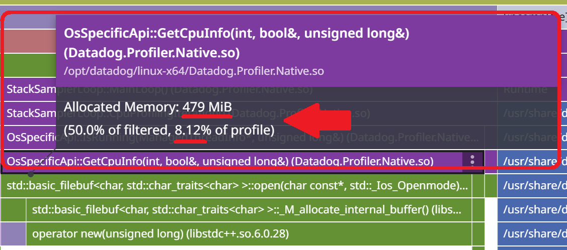 Flame graph for OsSpecificApi::GetCpuInfo, showing Allocated Memory: 479 MiB (50.0% of filtered, 8.12% of profile)