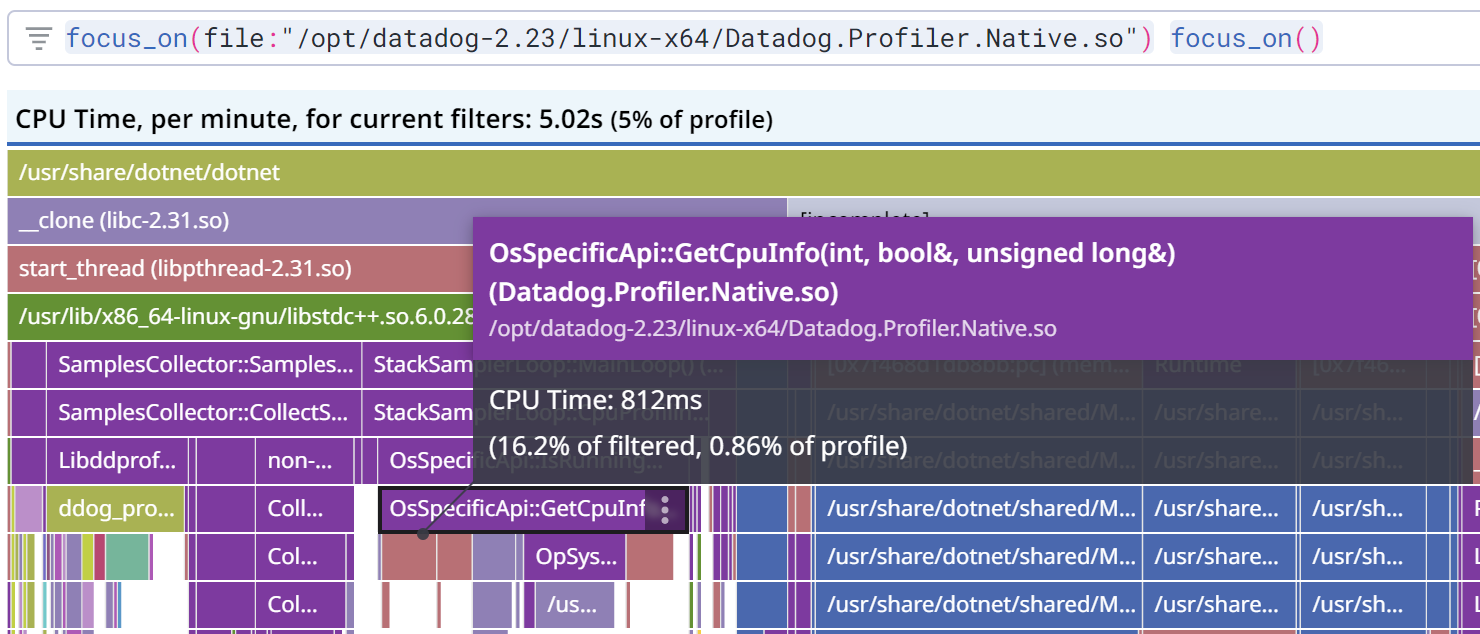 Flame graph for OsSpecificApi::GetCpuInfo, showing CPU Time: 812 ms (16.2% of filtered, 0.86% of profile)