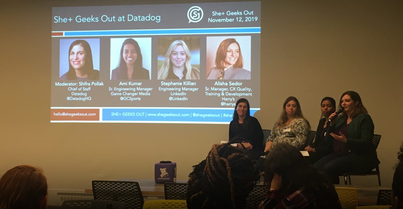 she+ geeks out panel discussion making the leap to manager at datadog nyc office november 2019 she+ geeks out panel discussion making the leap to manager at datadog nyc office november 2019