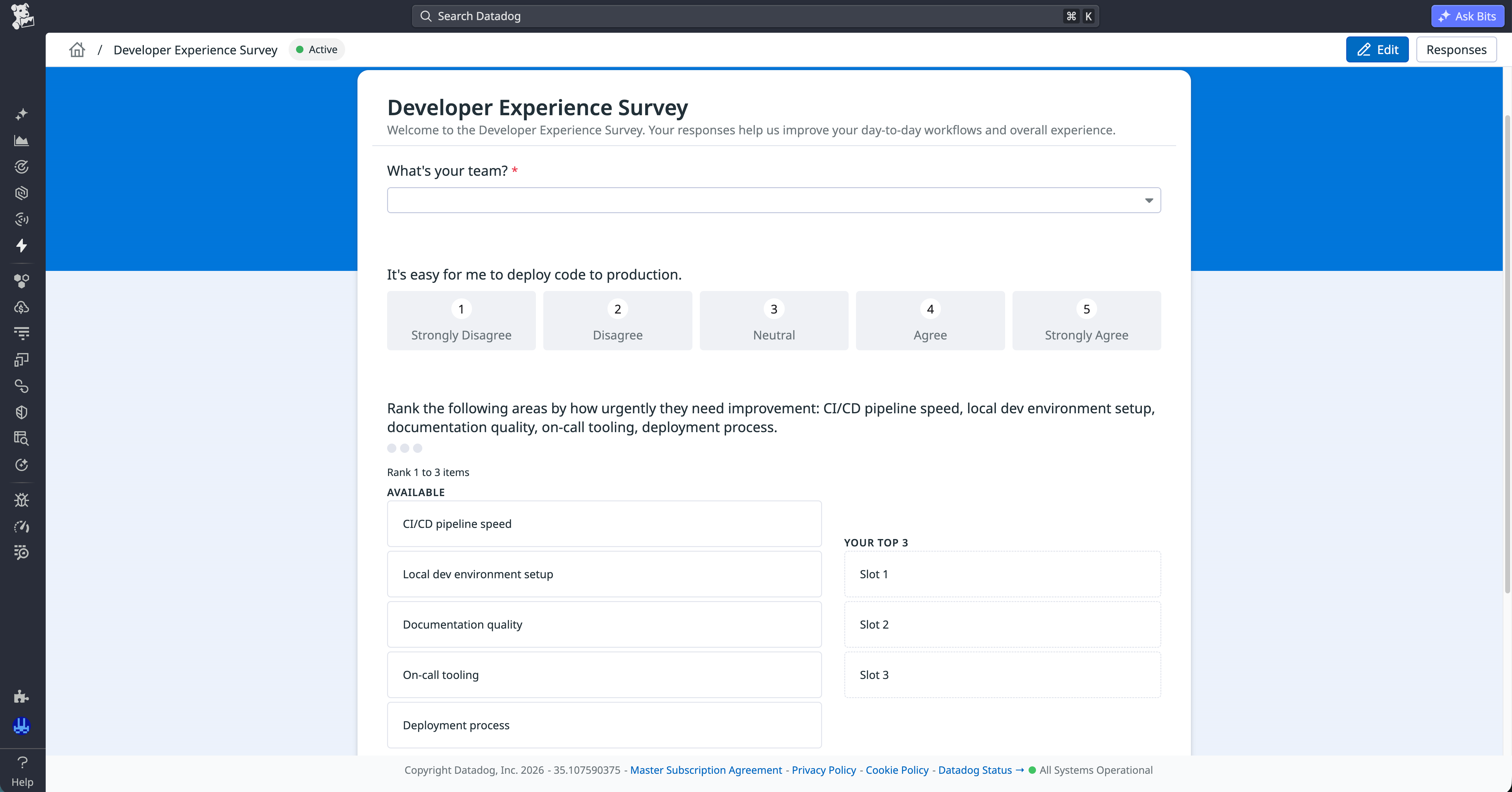 Example of a Datadog Forms survey that collects structured feedback from developers.