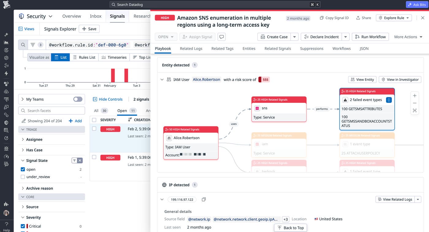 A Cloud SIEM signal showing an IAM user making multiple SNS calls A Cloud SIEM signal showing an IAM user making multiple SNS calls