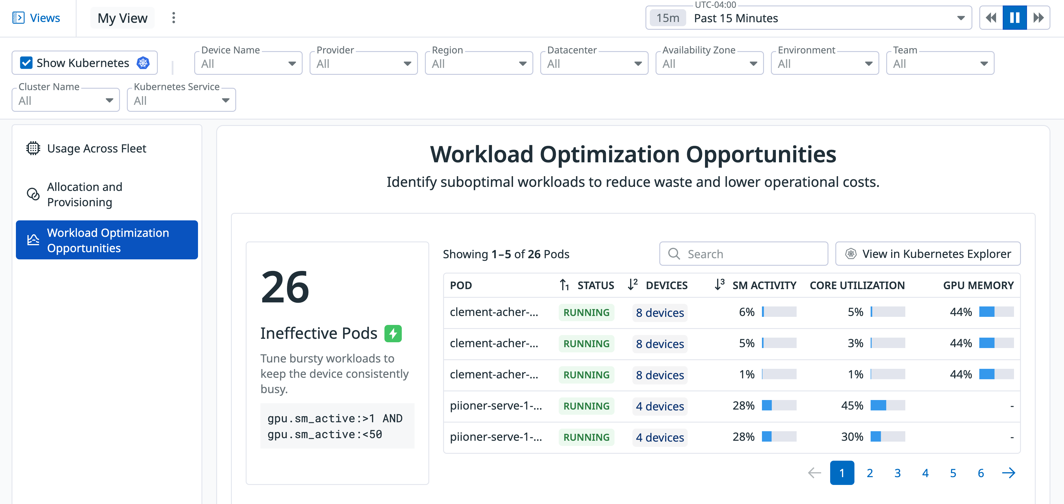 A screenshot showing suboptimal workloads identified by GPU Monitoring on the Summary page.