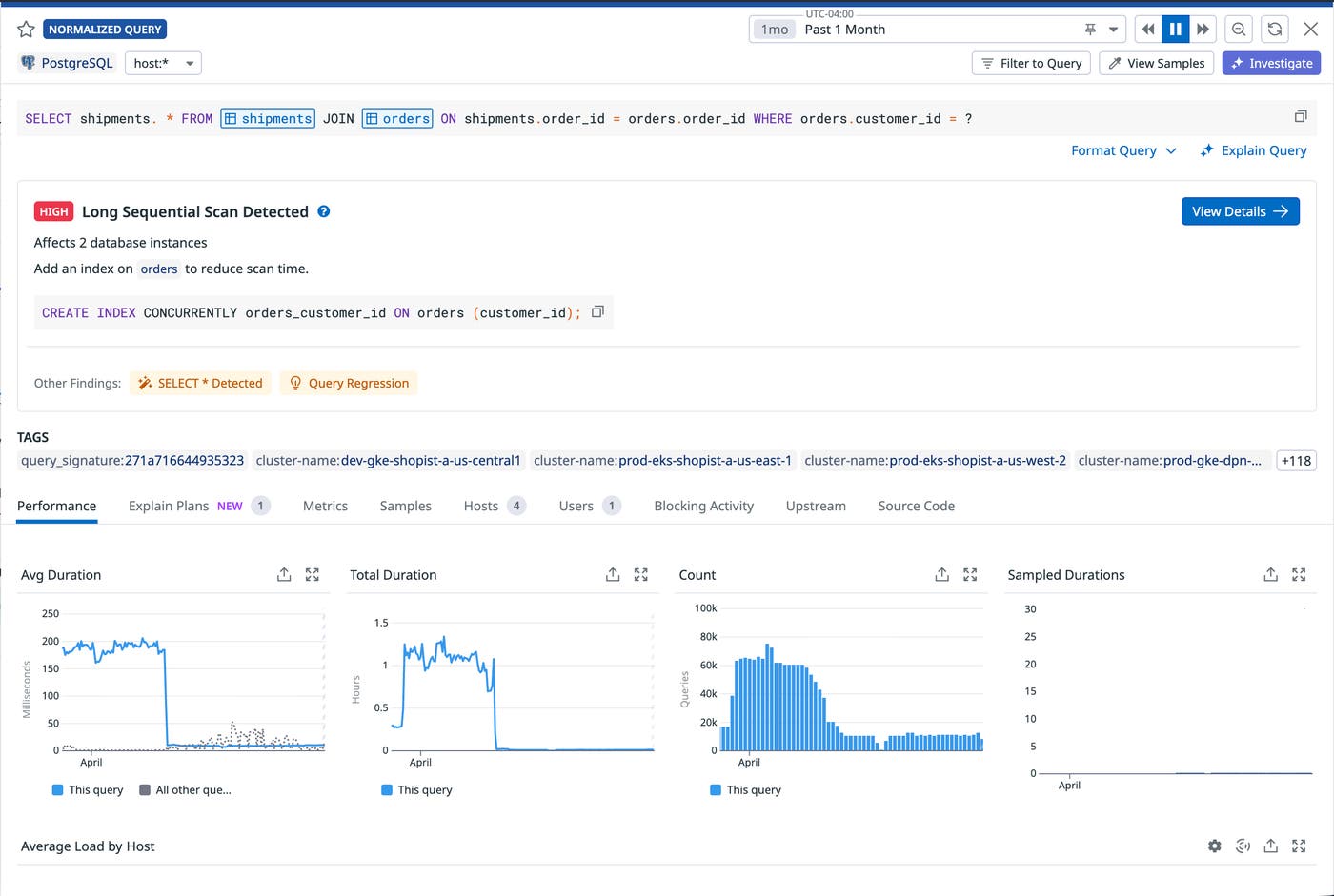 Datadog DBM query details page showing a high-severity long sequential scan recommendation with an index creation suggestion and performance charts. Datadog DBM query details page showing a high-severity long sequential scan recommendation with an index creation suggestion and performance charts.