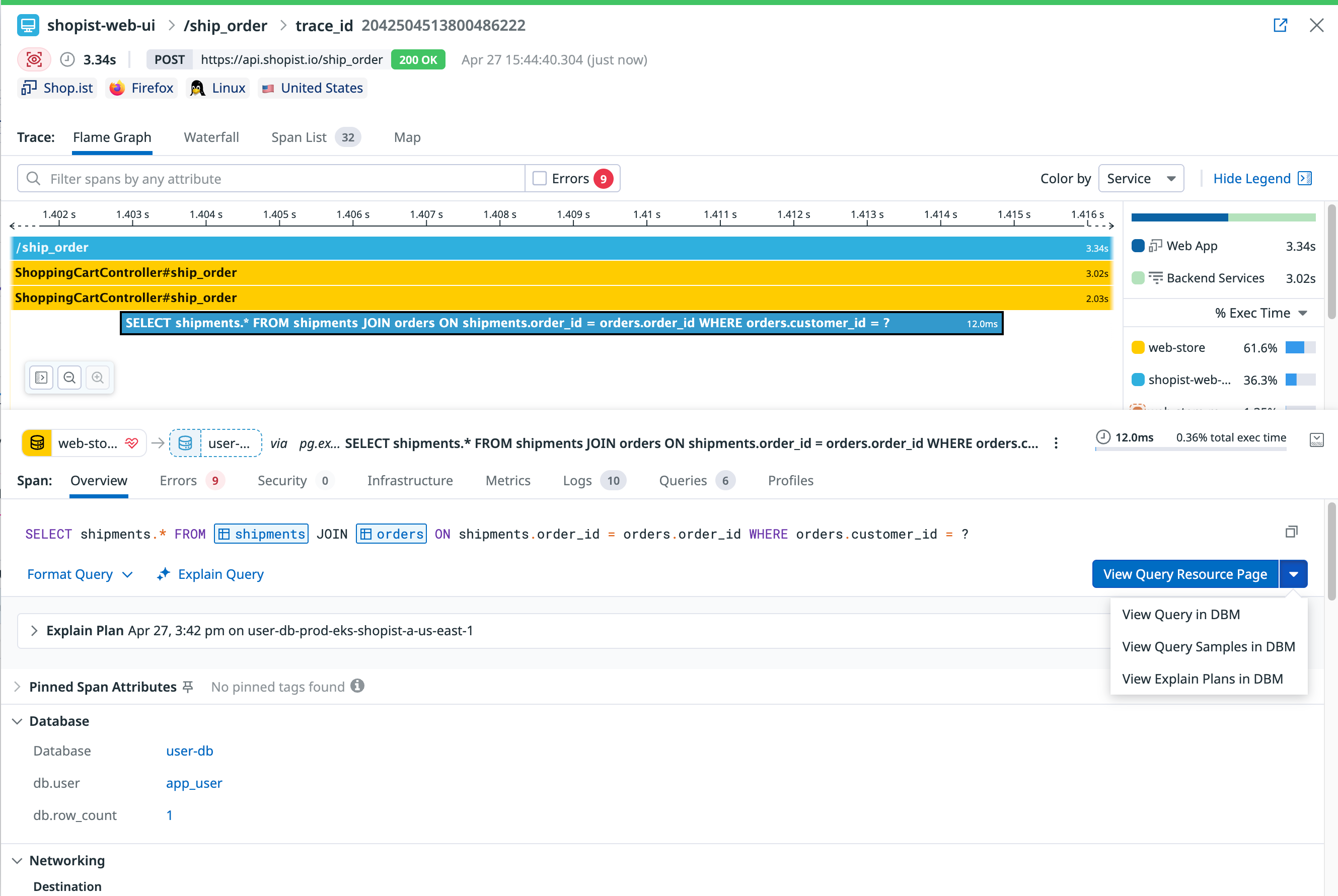 Datadog APM trace flame graph for a /ship_order endpoint showing a slow database query with options to drill into DBM.