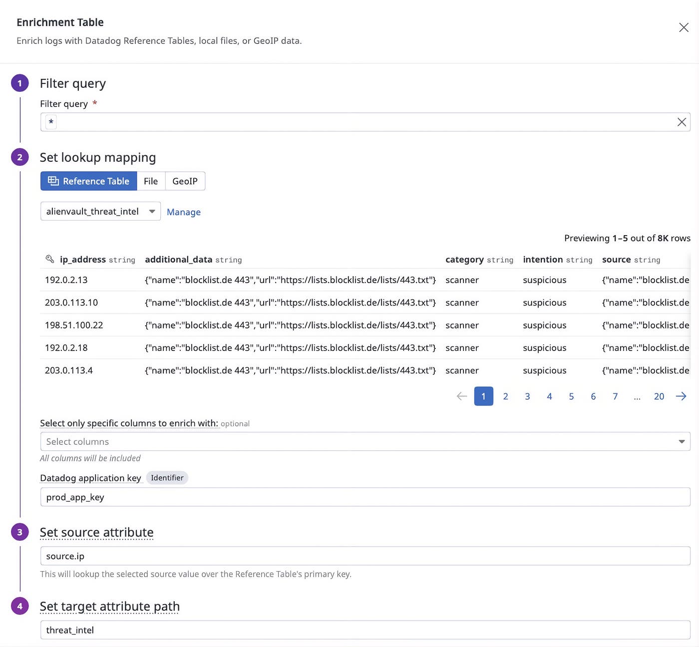 Enrichment Table processor configured to enrich logs with threat intelligence from an AlienVault feed stored in Snowflake. Enrichment Table processor configured to enrich logs with threat intelligence from an AlienVault feed stored in Snowflake.