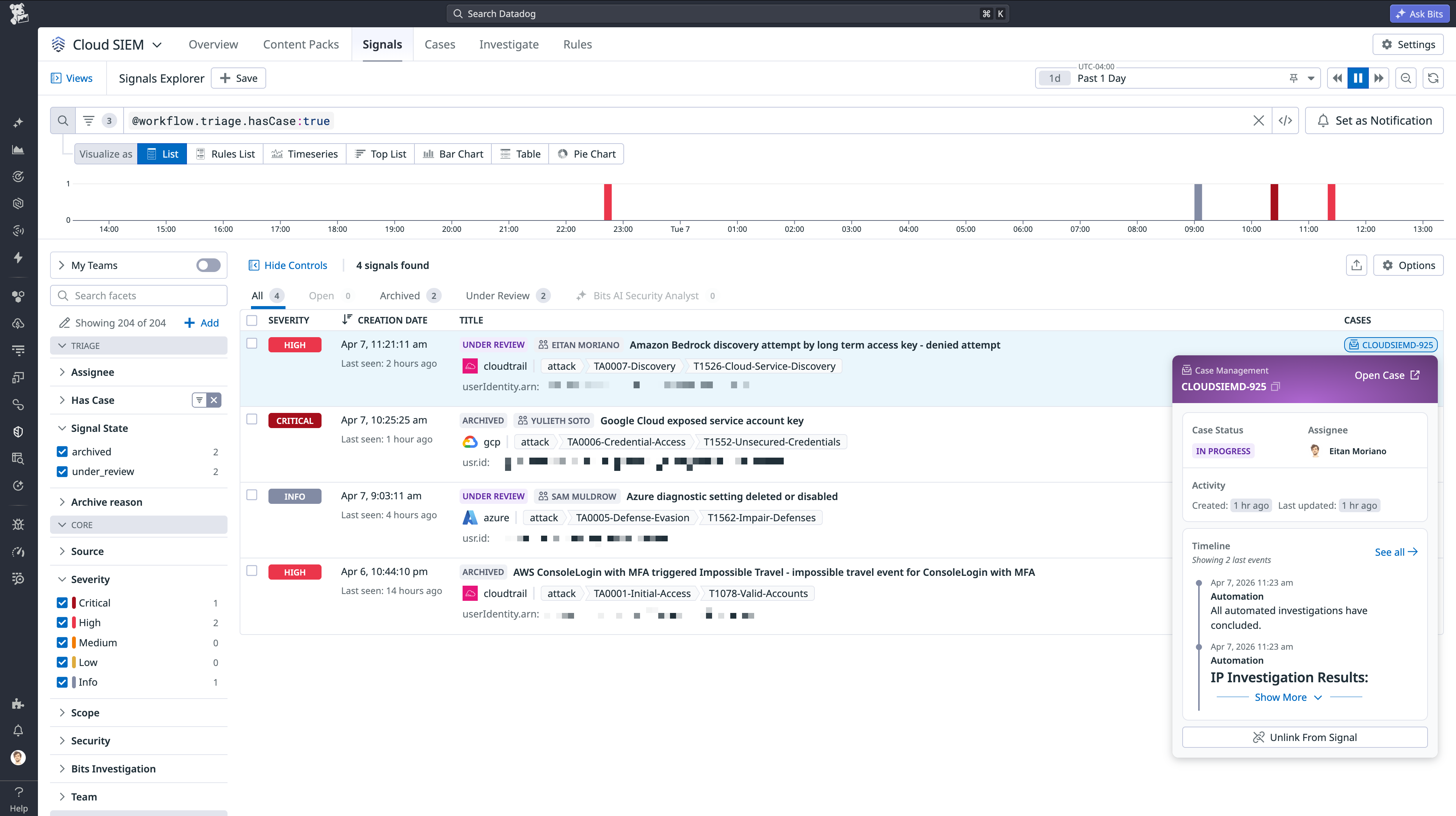 Signal Explorer displays whether a signal is already linked to an active case so analysts can avoid duplicate investigations.