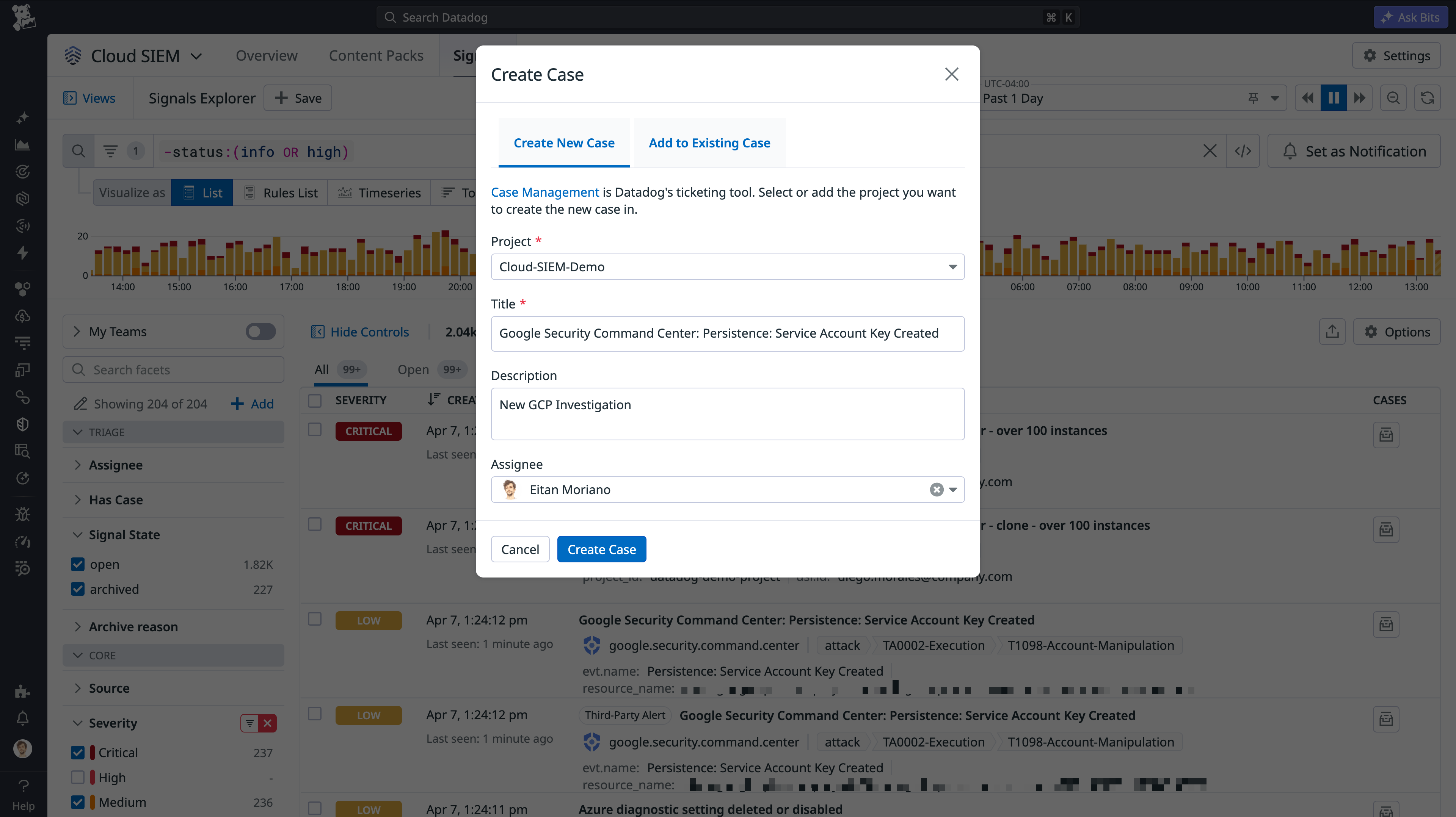 Creating a case from a signal automatically includes relevant detection context for faster investigation.