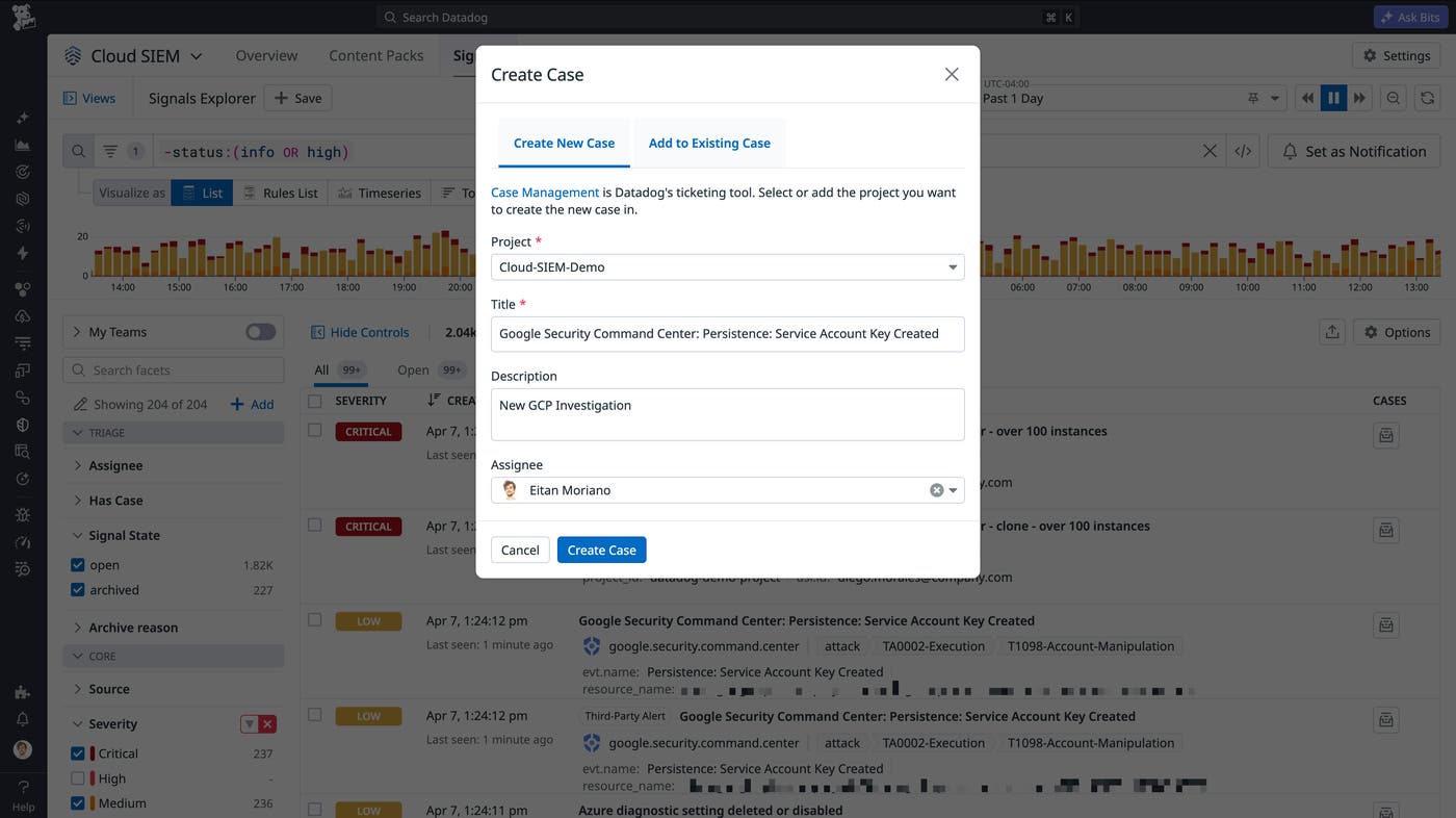 Creating a case from a signal automatically includes relevant detection context for faster investigation. Creating a case from a signal automatically includes relevant detection context for faster investigation.