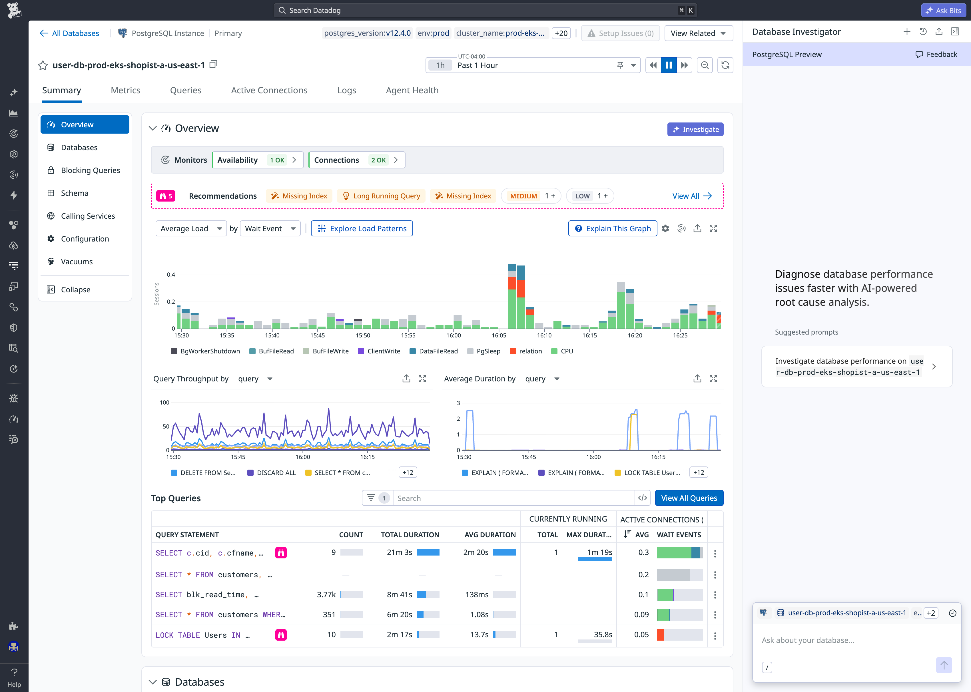 Database Monitoring overview page with the Database Investigator panel open on the right.