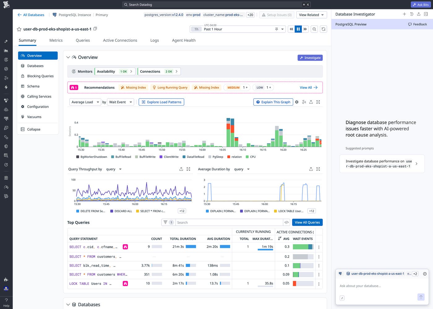 Database Monitoring overview page with the Database Investigator panel open on the right. Database Monitoring overview page with the Database Investigator panel open on the right.