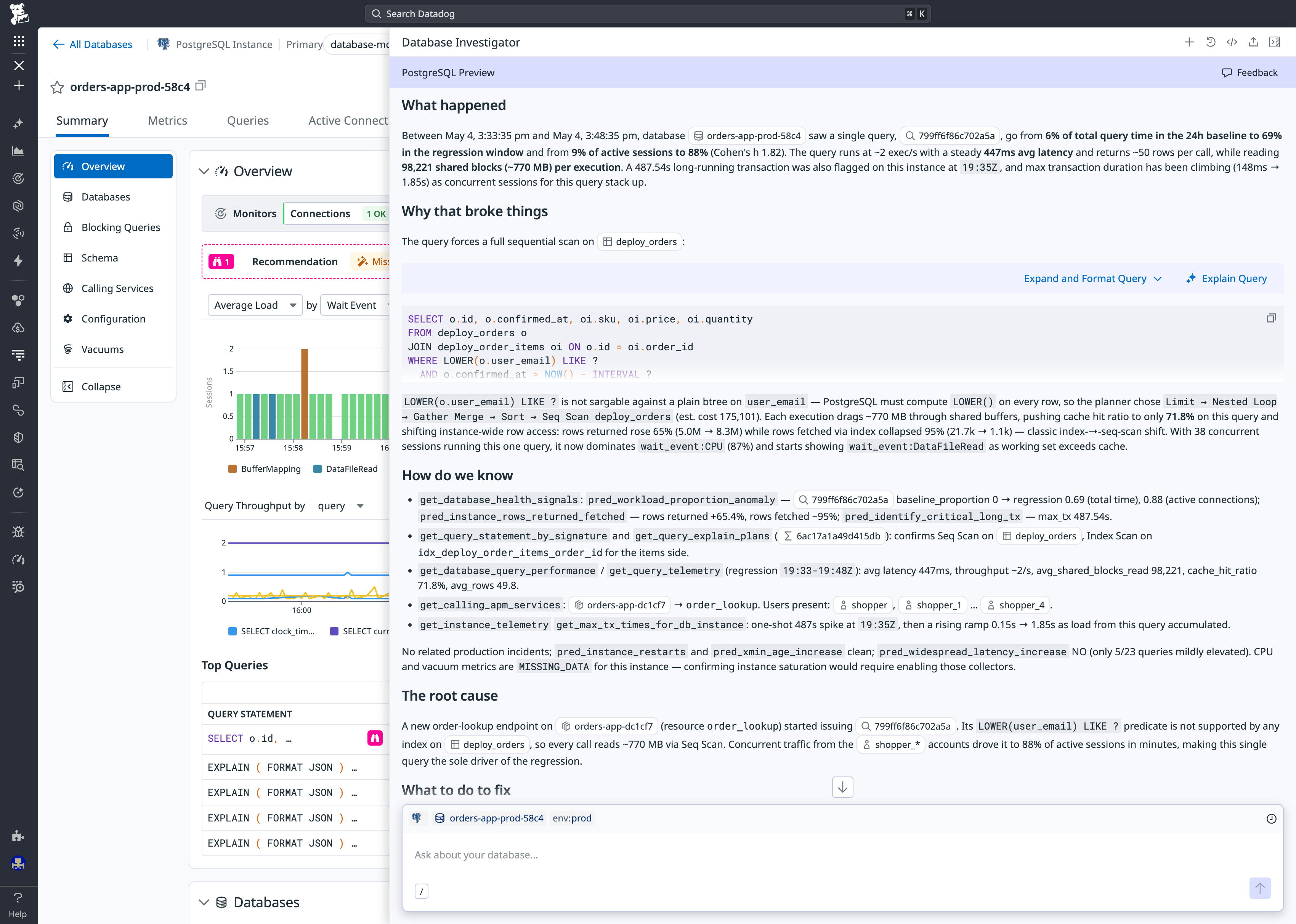 Database Investigator panel showing root cause analysis of a query regression, including the offending query and remediation steps.