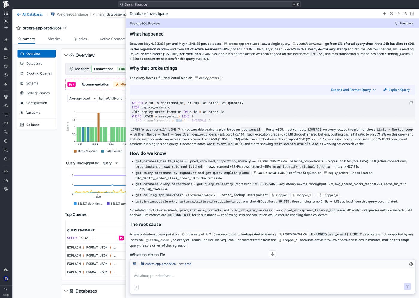 Database Investigator panel showing root cause analysis of a query regression, including the offending query and remediation steps. Database Investigator panel showing root cause analysis of a query regression, including the offending query and remediation steps.