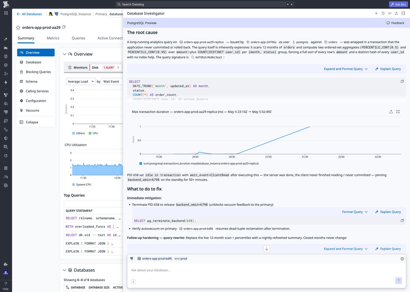 Database Investigator panel showing root cause analysis of replication lag, including a long-running transaction and remediation steps. Database Investigator panel showing root cause analysis of replication lag, including a long-running transaction and remediation steps.