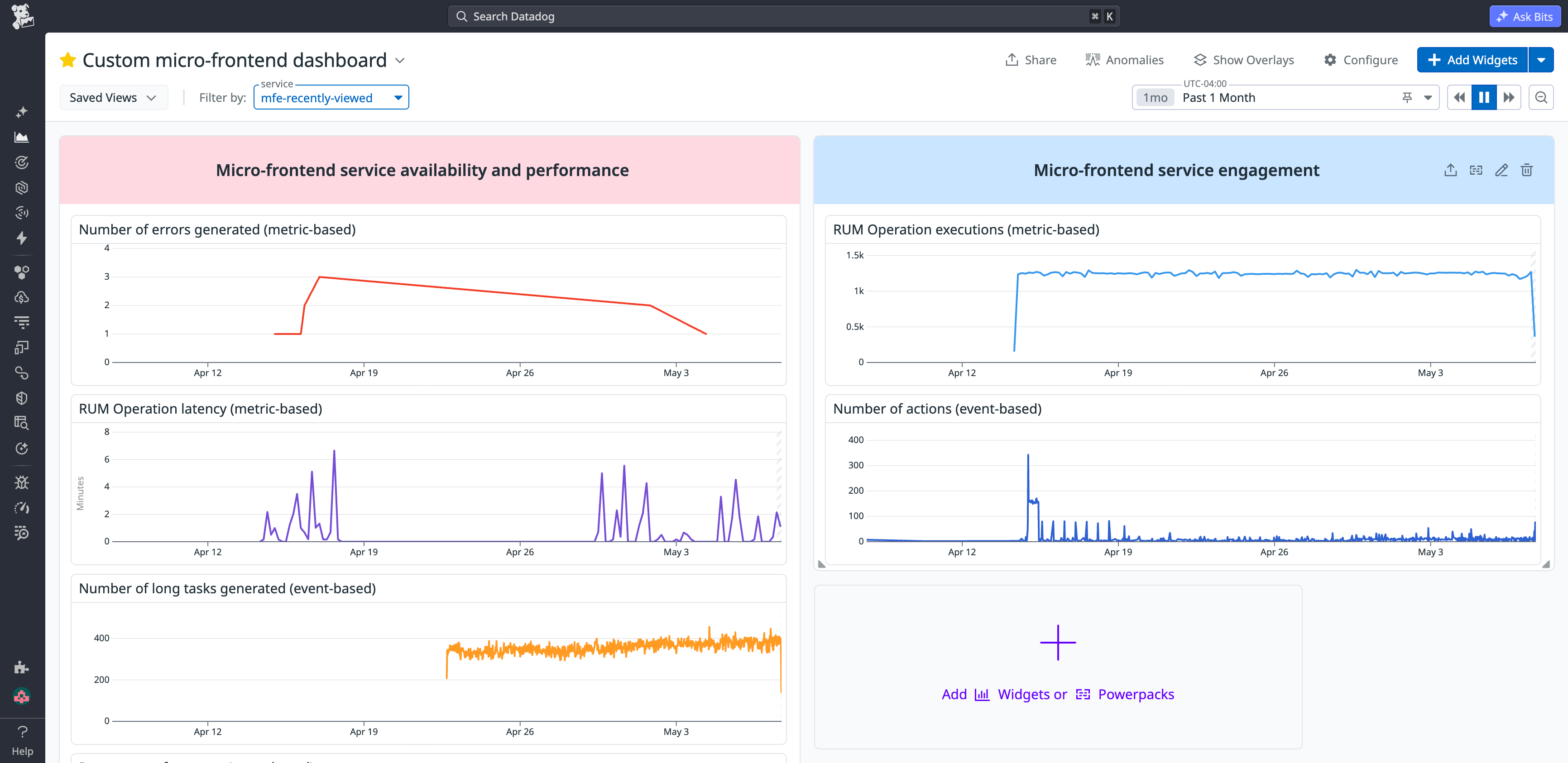 Datadog dashboard showing micro-frontend service availability and performance metrics including error count, RUM latency, and long tasks alongside service engagement data.