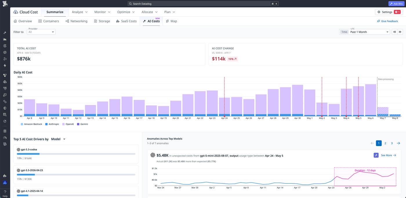 Datadog CCM AI cost landing page showing total spend trends and provider breakdowns to support cross-provider visibility. Datadog CCM AI cost landing page showing total spend trends and provider breakdowns to support cross-provider visibility.