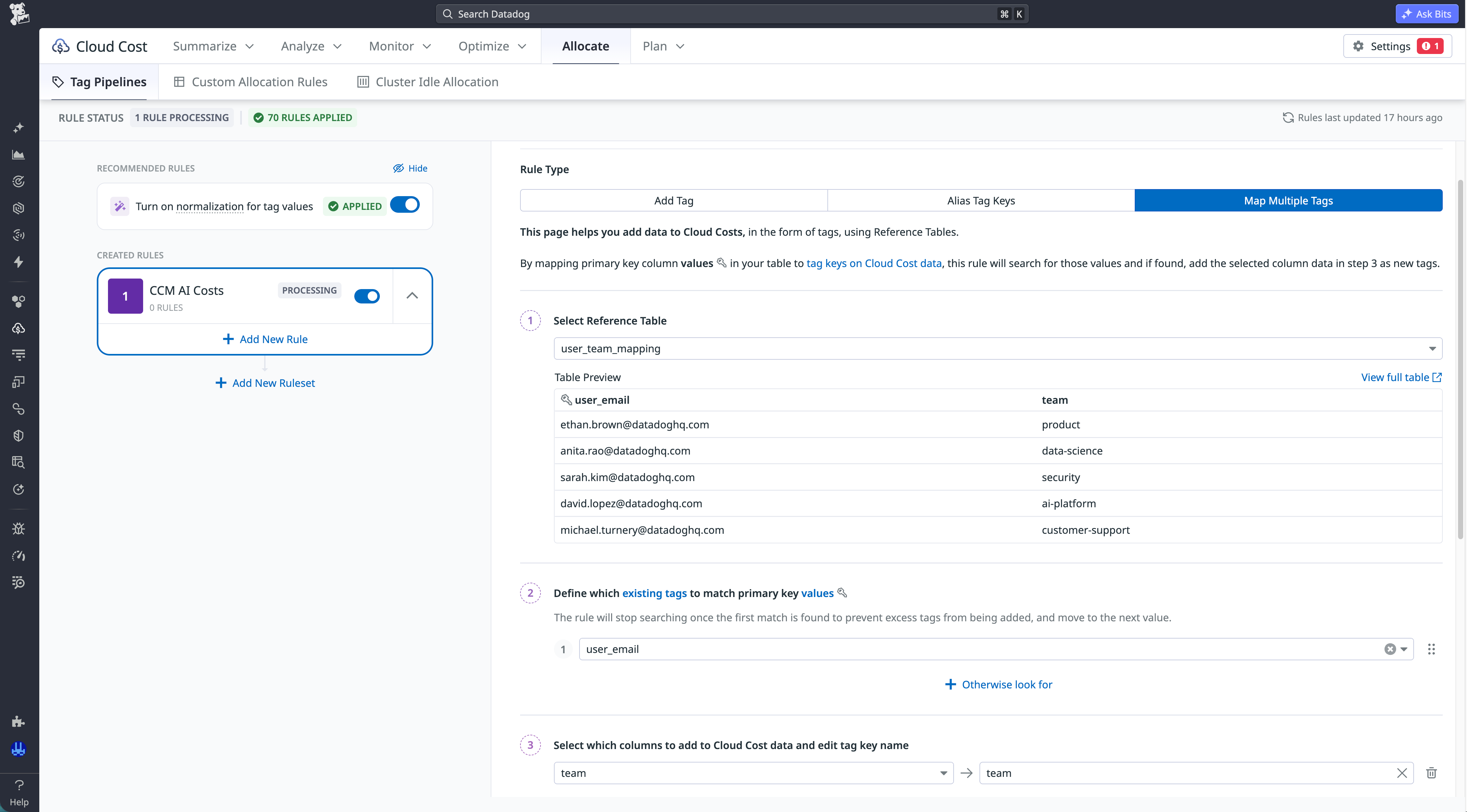 A Tag Pipeline configuration in Datadog CCM to map user email addresses to specific teams.