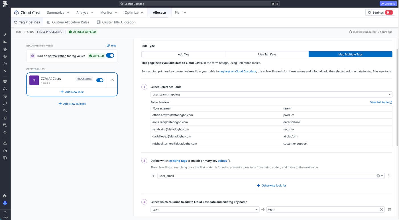 A Tag Pipeline configuration in Datadog CCM to map user email addresses to specific teams. A Tag Pipeline configuration in Datadog CCM to map user email addresses to specific teams.