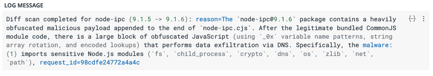 Screenshot of a BewAIre package scan detecting a malicious node-ipc package update, including analysis of obfuscated JavaScript payloads and suspicious Node.js module imports. Screenshot of a BewAIre package scan detecting a malicious node-ipc package update, including analysis of obfuscated JavaScript payloads and suspicious Node.js module imports.