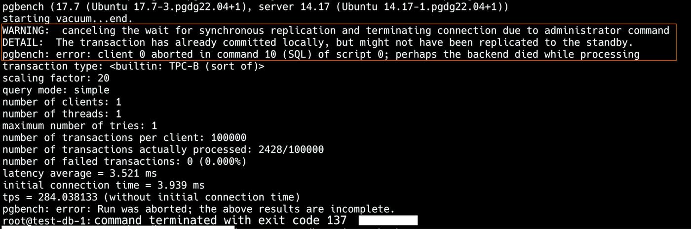 Terminal output from a pgbench run showing cancellation of synchronous replication waits, aborted transactions, and incomplete workload execution. Terminal output from a pgbench run showing cancellation of synchronous replication waits, aborted transactions, and incomplete workload execution.