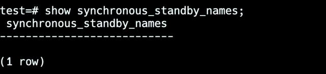 SQL query output showing synchronous_standby_names with no value, indicating no synchronous standby is configured. SQL query output showing synchronous_standby_names with no value, indicating no synchronous standby is configured.