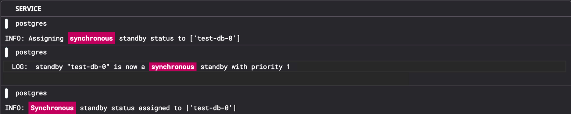 Log output showing Patroni assigning synchronous standby status to test-db-0 and confirming it as the active synchronous standby.