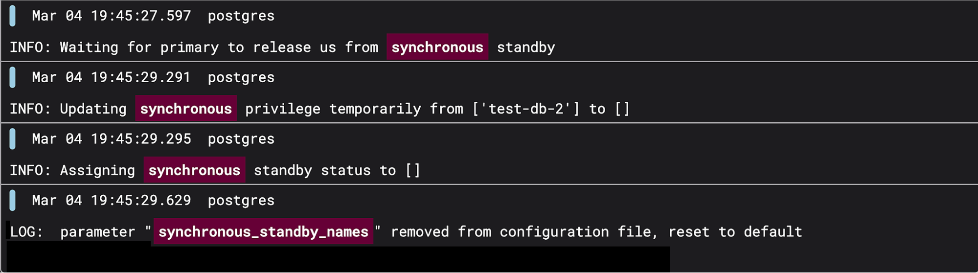 Logs showing Patroni removing synchronous standby assignments and clearing synchronous_standby_names after no eligible standby is available.