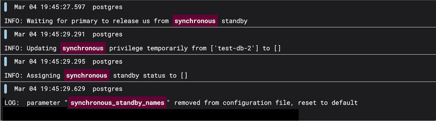 Logs showing Patroni removing synchronous standby assignments and clearing synchronous_standby_names after no eligible standby is available. Logs showing Patroni removing synchronous standby assignments and clearing synchronous_standby_names after no eligible standby is available.