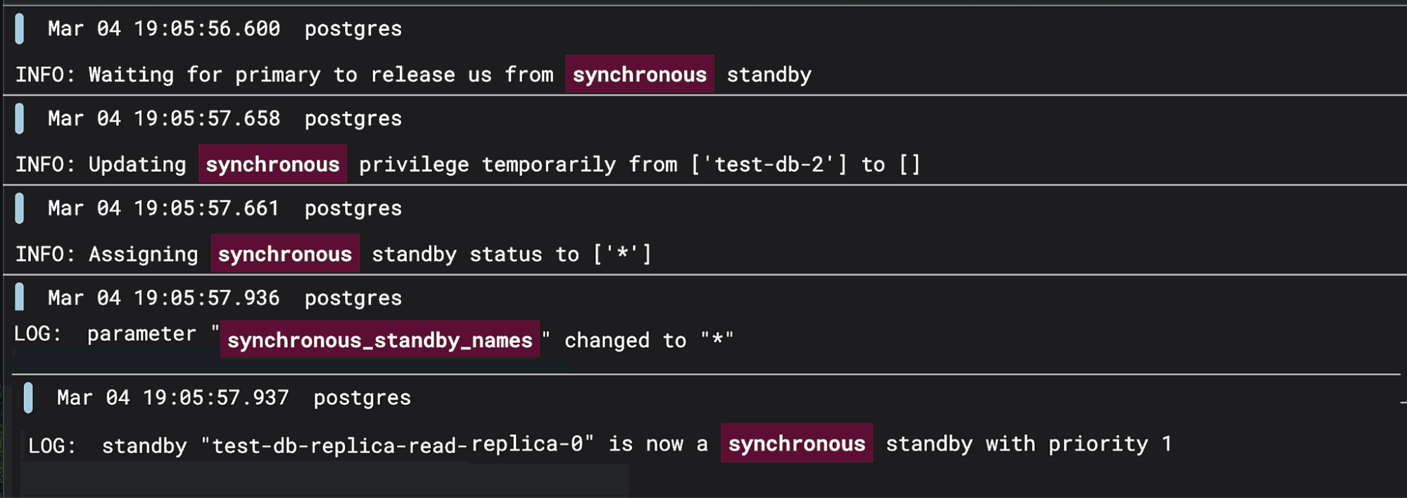 Logs showing Patroni setting synchronous_standby_names to * and assigning a replica as synchronous standby, enabling any available replica to participate.