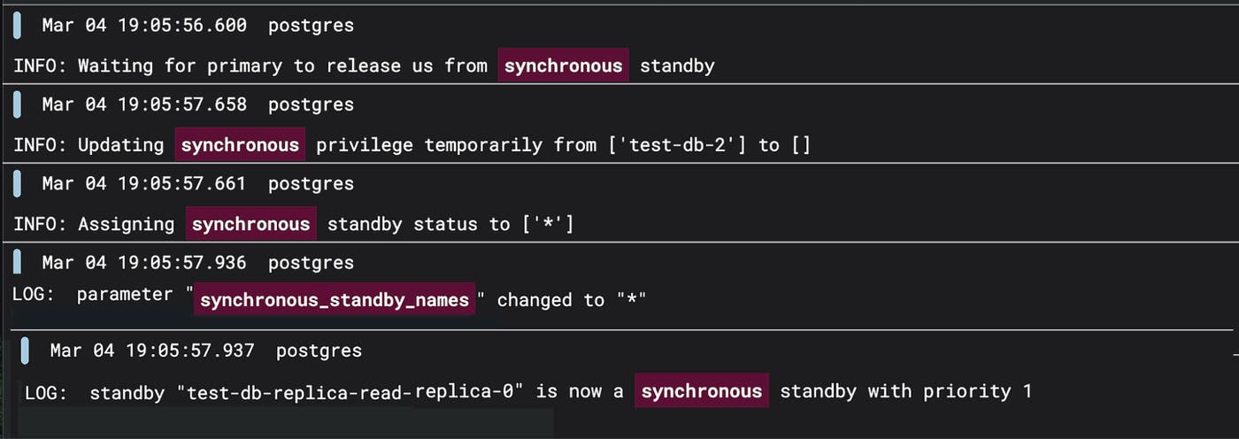 Logs showing Patroni setting synchronous_standby_names to * and assigning a replica as synchronous standby, enabling any available replica to participate. Logs showing Patroni setting synchronous_standby_names to * and assigning a replica as synchronous standby, enabling any available replica to participate.
