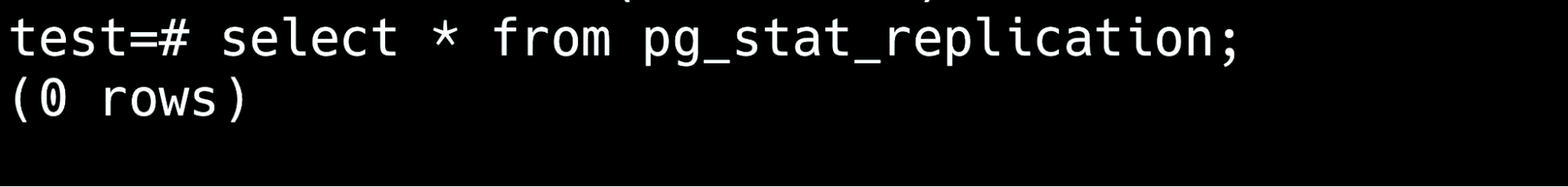 SQL query output showing pg_stat_replication returning zero rows, indicating no active replication connections.