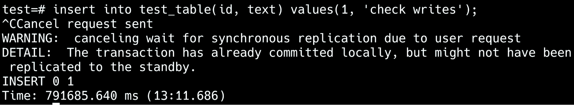 Terminal output showing an INSERT blocked waiting for synchronous replication, then canceled, with a warning that the transaction may not have been replicated to a standby.