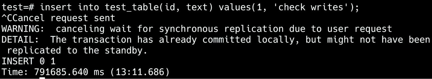 Terminal output showing an INSERT blocked waiting for synchronous replication, then canceled, with a warning that the transaction may not have been replicated to a standby. Terminal output showing an INSERT blocked waiting for synchronous replication, then canceled, with a warning that the transaction may not have been replicated to a standby.