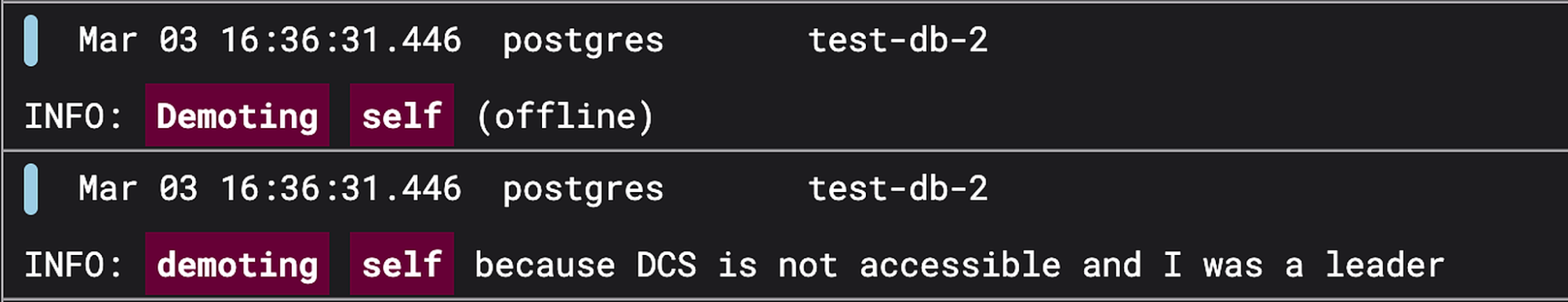 Logs showing the leader node demoting itself after losing access to the DCS, indicating a safety mechanism to prevent split-brain.