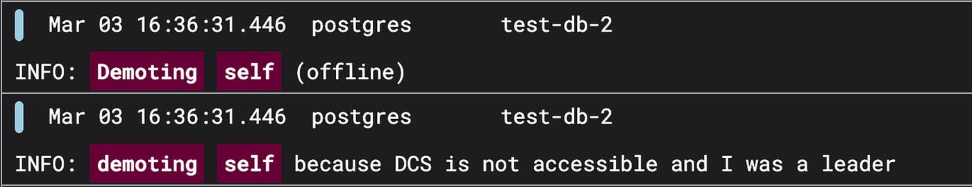 Logs showing the leader node demoting itself after losing access to the DCS, indicating a safety mechanism to prevent split-brain. Logs showing the leader node demoting itself after losing access to the DCS, indicating a safety mechanism to prevent split-brain.
