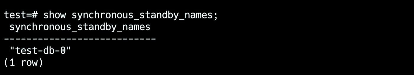 SQL query output showing synchronous_standby_names set to test-db-0, indicating a specific synchronous standby is configured. SQL query output showing synchronous_standby_names set to test-db-0, indicating a specific synchronous standby is configured.