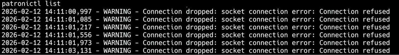 patronictl fails to connect when the DCS is unavailable, leaving the cluster state inaccessible and blocking coordination tasks like failover. patronictl fails to connect when the DCS is unavailable, leaving the cluster state inaccessible and blocking coordination tasks like failover.